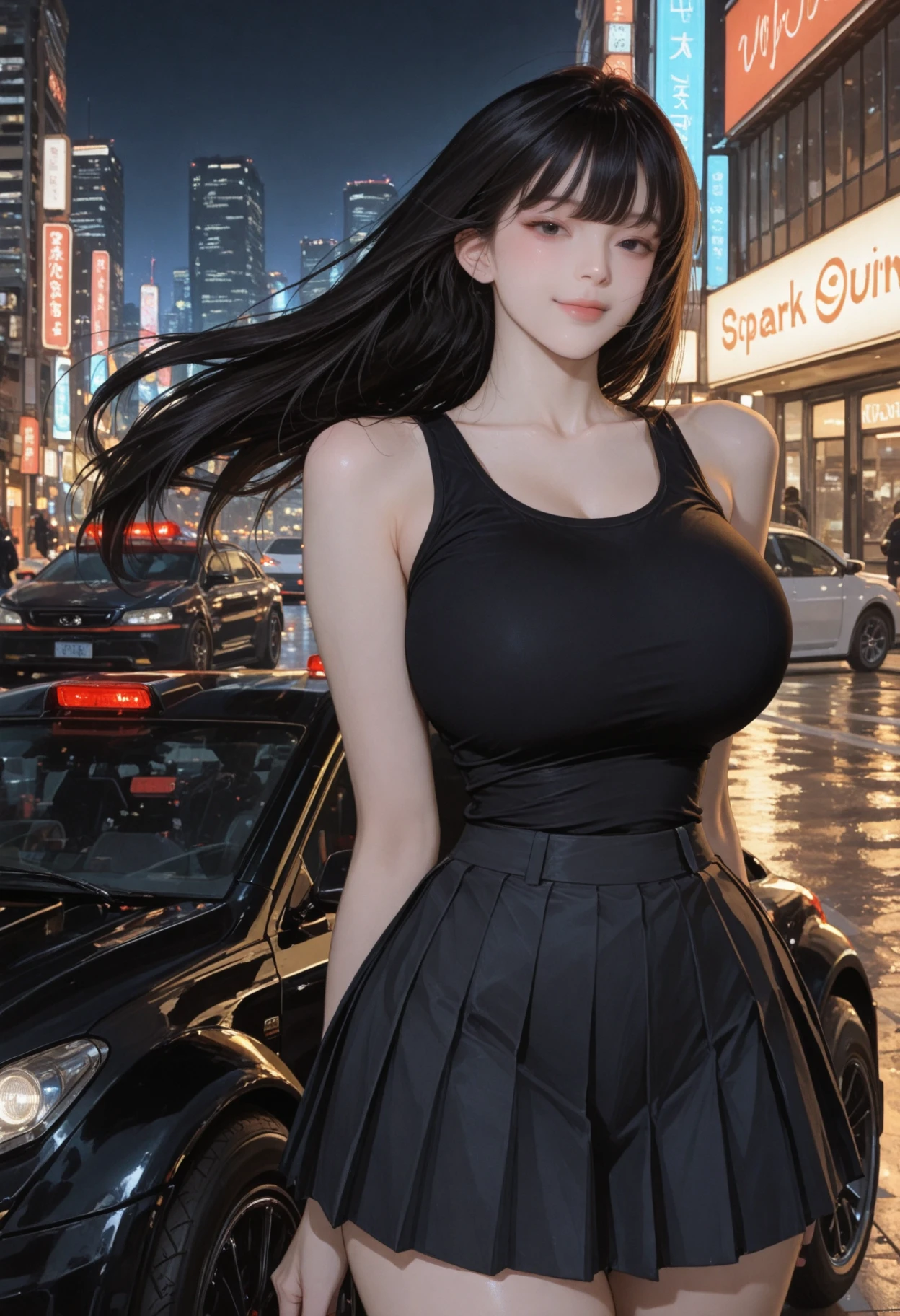 masterpiece, best quality, highres, st1, braid, hair ornament, black dress, hair flower, side slit, large breasts, long dress, sleeveless, cowboy shot, vehicle interior, sitting, smile