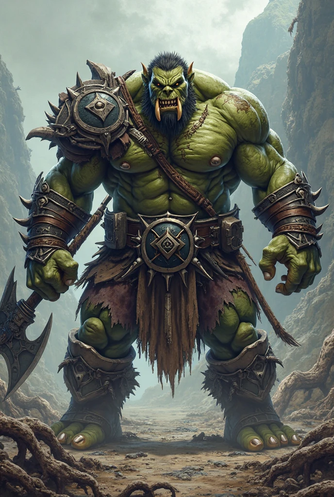 there is a painting of a big troll with a hammer in his hand, bugbear, bugbear ranger, raging bugbear, epic full color illustration, grog strongjaw, fur-clad barbarian goliat, tyler edlin fantasy art, troll, humblewood art style, high fantasy illustration, druid warrior, amazingly detailed d & d art,arc ,hache as deux main ,énergie bleu