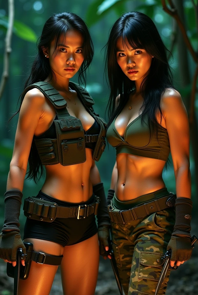 (best quality: 1.2, 4k: 1, 8k: 1, highres: 1) A photorealistic masterpiece showcases a seductive and adventurous Malaysian Lara Croft, adorned in a hijab and revealing explorer outfit, investigating the ancient Gold City at sunset. Her long, wavy black hair frames her deep brown, beautifully detailed eyes and full lips. The extreme detail in her eyes, including lengthy lashes, reveals her intense focus and confidence. Her bronze skin glows under the dramatic sunlight and shadows, accentuating her tall and athletic physique.
Her textured leather vest and khaki cargo