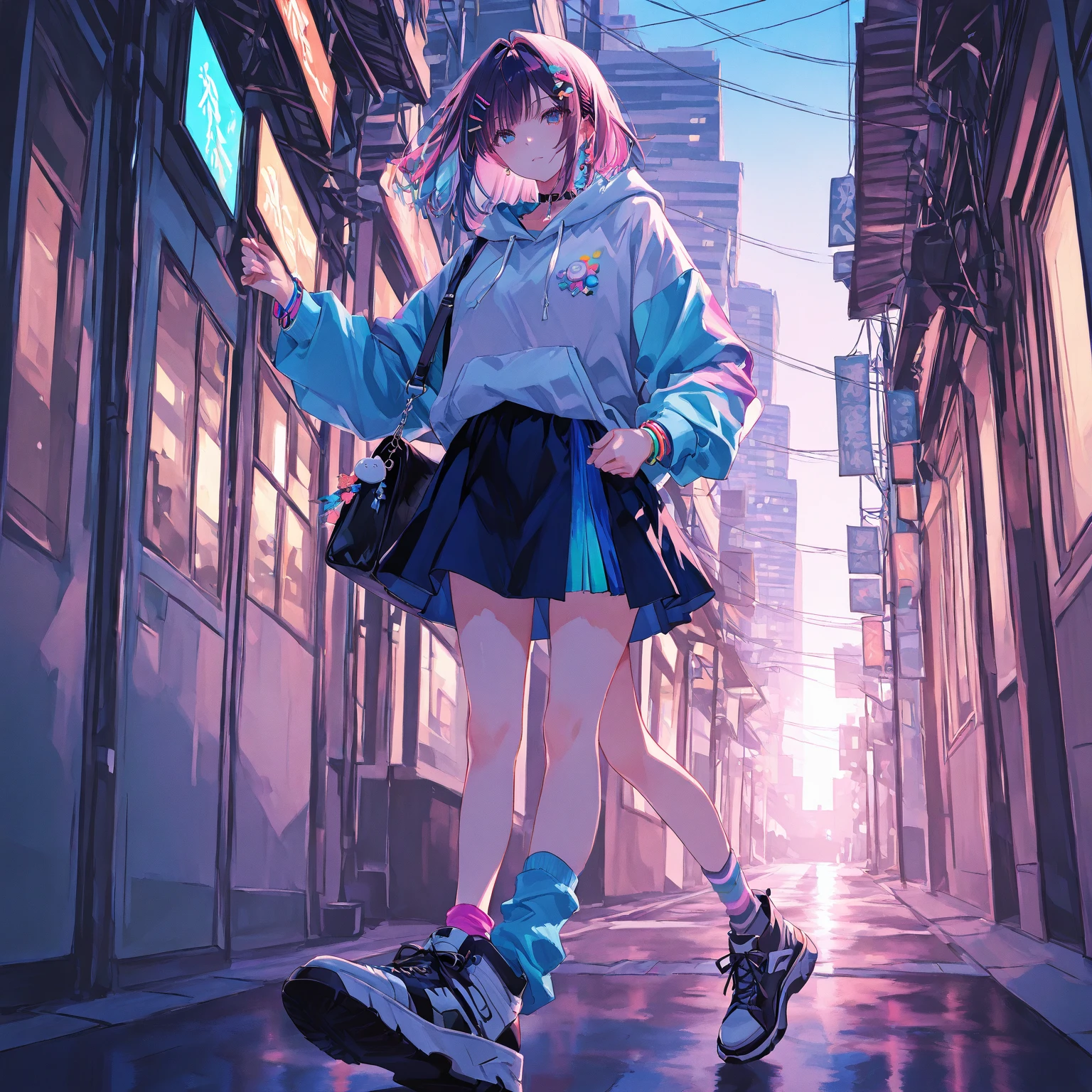 anime、(masterpiece:1.2, highest quality), (highly detailed face, intricate details), alone, 1 milf, casual,pink hoodie、shorts、Raise your leg and kick、headphone、outdoor, street, cityscape、city