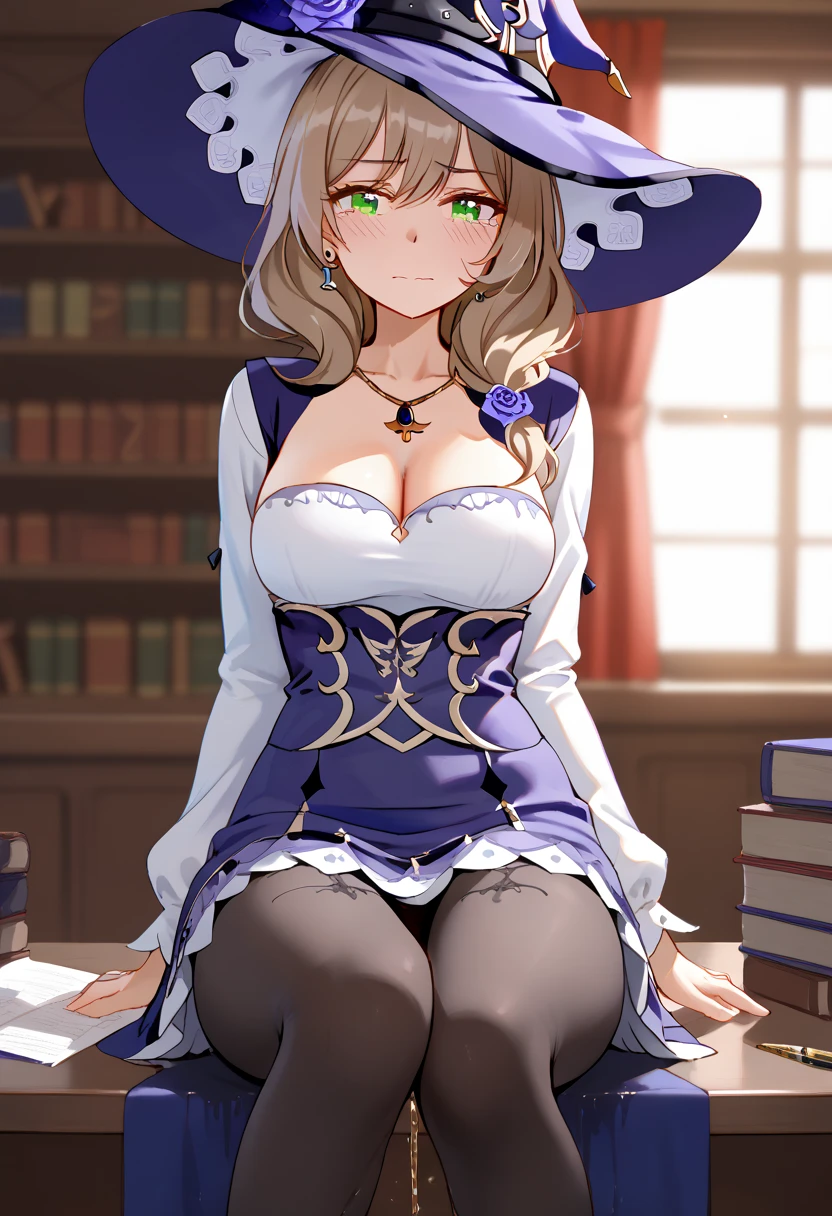1girl in, yui, lisarnd,  (nowi:1.4)  smiling, (Korando:1.2), Sitting at a table in the library, (lace light blue panties), provocation, extemely sexy, leaning against table,feet crossed, Tea on the table, NSFW, Wet groin, Bare legged, dental floss (cleanness:1.4)、medium large breasts、Pose emphasizing buttocks