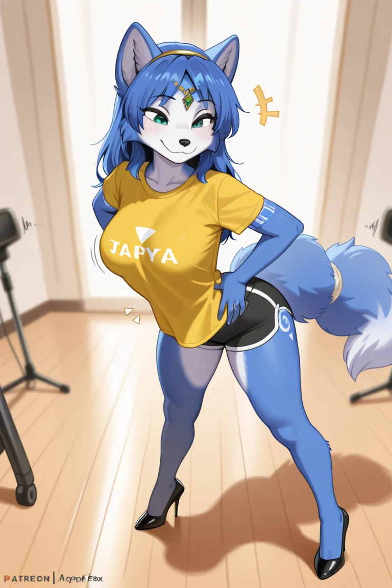 (anthro)) fox, Ross Tran, by ruan jia, by zaush, by foxovh Best Quality, masutepiece,, Illustration, Wallpaper,1girl in, Solo, blue hair, Semi-long hair, Beautiful detailed girl, extremely detailed eye and face, Beautiful detailed eyes, Shy, natural_Lighting, Glow,NSFW, Clean sky, Looking at Viewer, gym, Straight hair, blue petals, Ponytail, Blue Ribbon,White hair, Thick_thighs thighs thighs thighs, big ass, wearing tight gym booty shorts, taking a gym selfie of her butt with her phone, krystal, green eyes