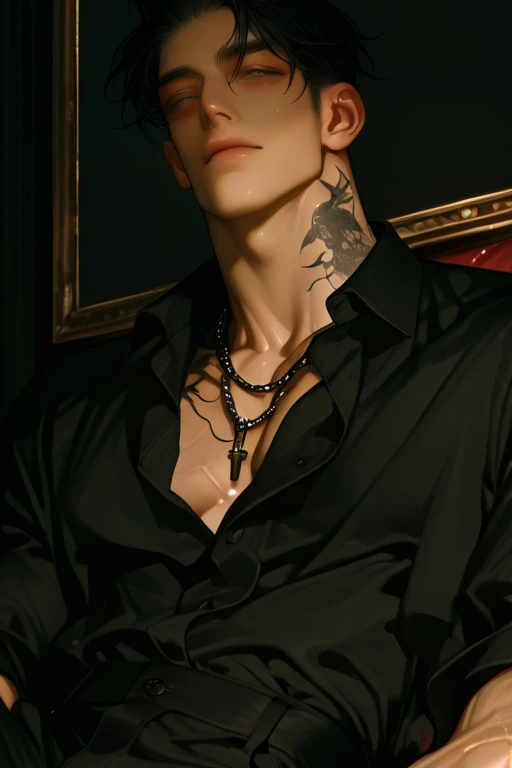 Tall handsome man with toned body, too pale skin, long silky black hair and undulating wearing a shirt and black pants, sitting on a black throne with carved skulls, precious stones and precious metals incrsuted in the