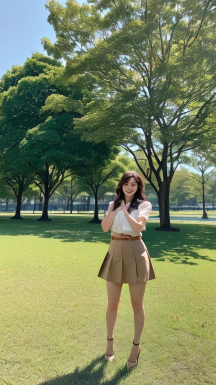 araffe girl in a white shirt and denim skirt standing next to a tree, in a park, lalisa manobal, at a park, xintong chen, roseanne park of blackpink, lalisa manoban of blackpink, in garden, ulzzang, sun yunjoo, dressed with long fluent clothes, jinyoung shin, with a park in the background