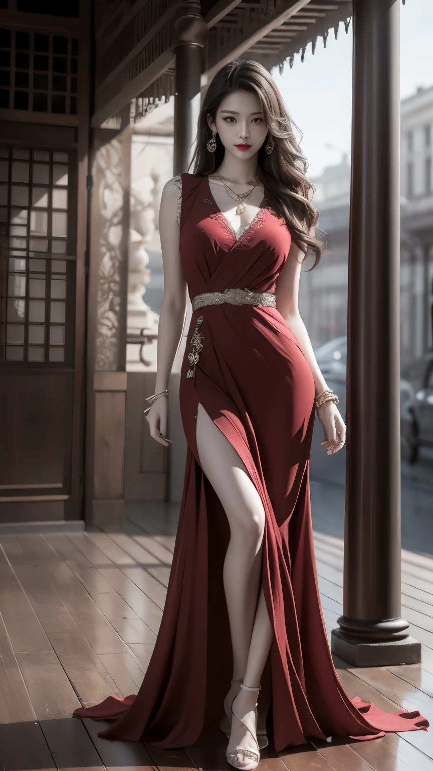 photorealistic, high resolution, 1 woman, solo, hips up, beautiful eyes, black hair, long hair, huge breast, bracelets,elegant necklace, elegant diamond earrings, stlouis, red dress,no clothes ,