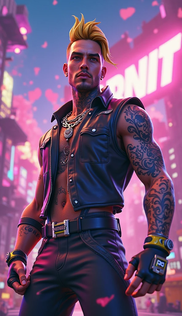 A man with a beard and headphones full of tattoos, cyberpunk art, funk art, stunning gradients, stylized full body like H 704, pompadour, twitch streamer, cool tones. Very detailed, T-800, no watermark signature, colorful, beyond