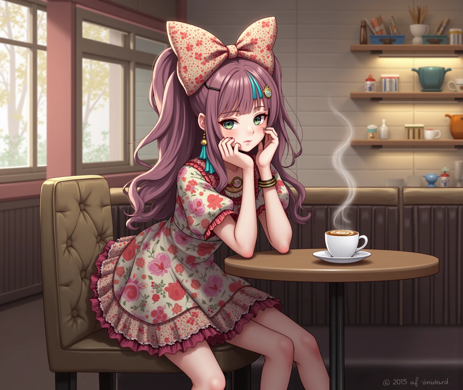 ((best quality, masterpiece, extremely detailed CG)),(adorable, stunning, cute),(1girl, fullbody, holding a pink cute bottle),(dark magenta hair:1.5), white laced top, pleated maxiskirt, simple yet detailed kitchen background, randomwear), best shadows, brown eyes, slippers