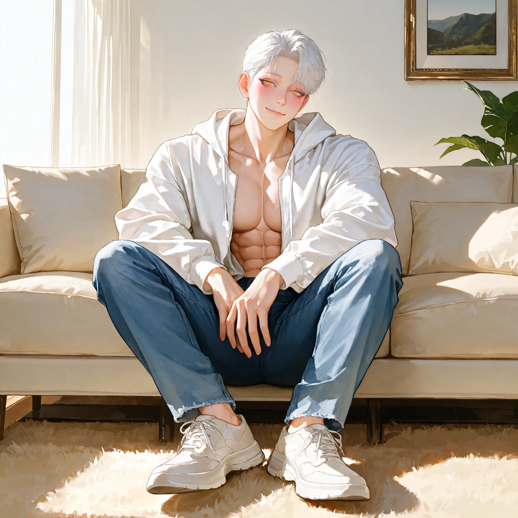 White hair，quadratic element，adolable，sitting beside the window，Semi-bare-chested