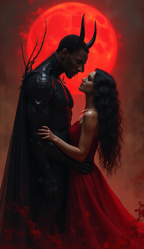 image of a woman in a red cape and long black hair, looking at a sexy muscular black haired man, she is also looking at her, he has bright yellow eyes, a sensual aura, a sexual tension about them, are one meter apart from each other, are in a dark and dangerous dark forest. 