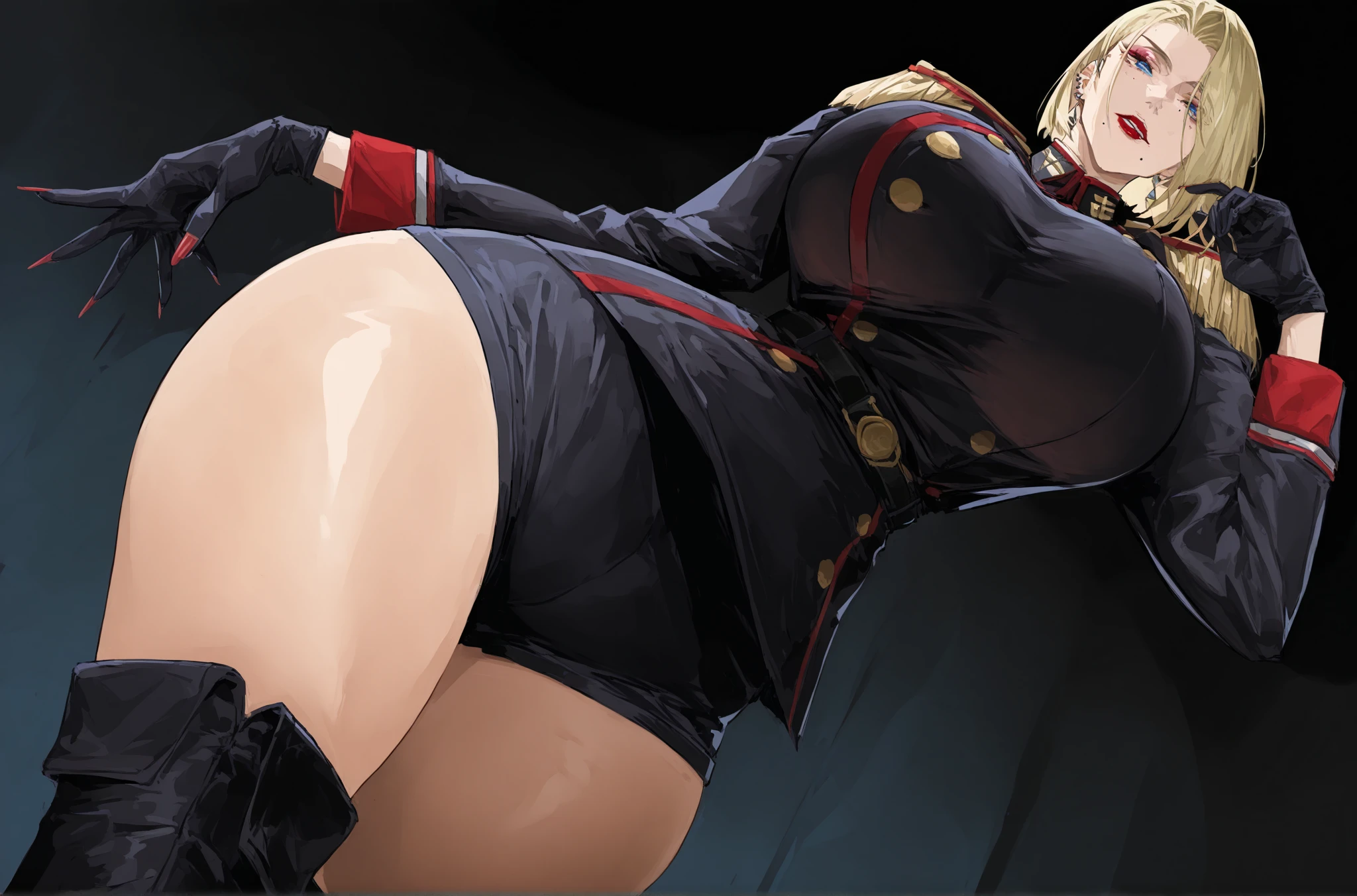 (Super Pochaco), Beautiful thick milf with huge breasts, thick thighs, blonde hair, orange eyes, (thick), gothic makeup, goth, black eye liner, black lipstick, silk outfit, upskirt, red velvet panties, cameltoe, vampire , blood trailing from mouth