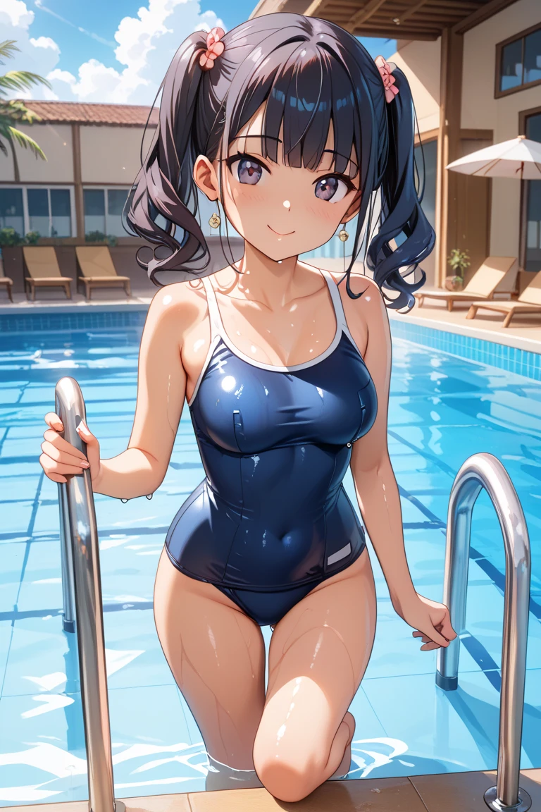 masterpiece,best quality,ultra detailed, best illustration, nsfw, 1girl, black_hair, bangs, long_hair, hair_ornament, blunt_bangs, blush, green_eyes, hairclip, aqua_eyes, T46405, blue one-piece swimsuit