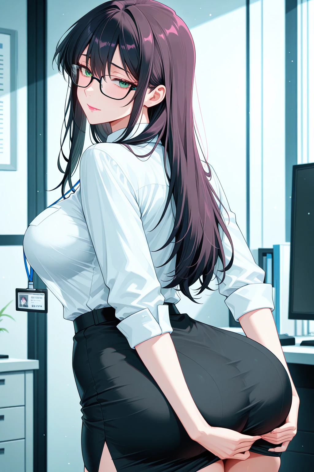 masterpiece, best quality, ultra detailed, dynamic angle, looking at viewer, watercolor and oil painting fusion, hot black artwork, white line art, beautiful woman, 1 woman, older woman, beauty, perfect anatomy, perfect eyes, perfect fingers, perfect hands, anime girl, secretary, white shirt, short black skirt glasses, tight, ass, breast, thighs, black hair, siren black eyes, seductive smile, office background, soft, seductive, hot, spicy, orgasm face,