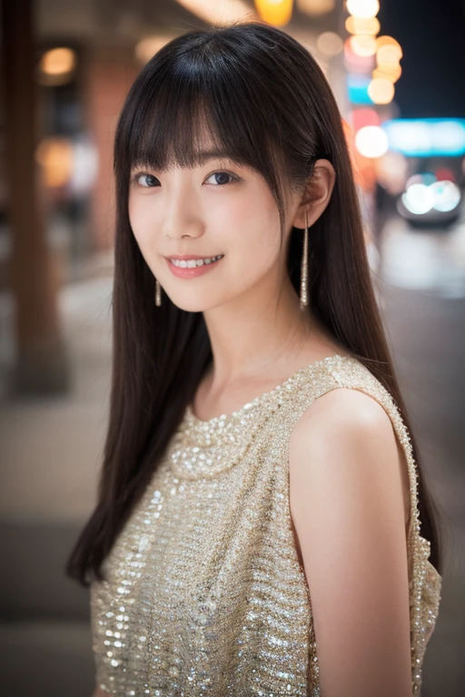 1girl,(wearing a sleeveless glittery evening dress:1.2),(RAW photo, best quality), (realistic, photo-realistic:1.4), masterpiece, an extremely delicate and beautiful, extremely detailed, 2k wallpaper, Amazing, finely detail, extremely detailed CG unity 8k wallpaper, ultra-detailed, highres, soft light, beautiful detailed girl, extremely detailed eyes and face, beautiful detailed nose, beautiful detailed eyes,cinematic lighting,city lights at night,perfect anatomy,slender body,smiling <lora:kidoibuki_lora:0.8>