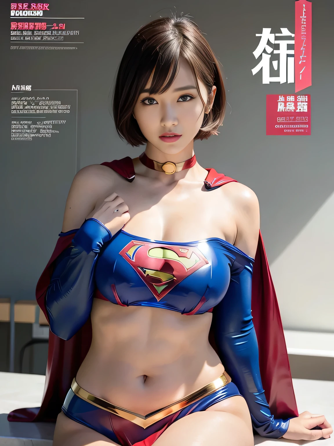 masterpiece、supergirl costume、short hair、barefoot、big and full breasts、Private sauna、Masturbation addict on bed、sexy pose、model body shape、shiny、looking at camera、Seduce、choker、enamel、long sleeve、red mini skirt、Weekly magazine cover、gravure magazine、sweaty、Water splash、