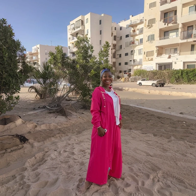 Amira, 1girl, solo, ((Sudanese woman)), consistent face and body, ((MILF)), ((30 years old)), (mature), ((slim)), ((Sudanese face)), (Sudanese nose), (Sudanese lips), short hair, upper body and upper legs, (background: overlooking Essaouira Port in Morocco), BREAK, (wearing stylish Comfortable casual clothes)