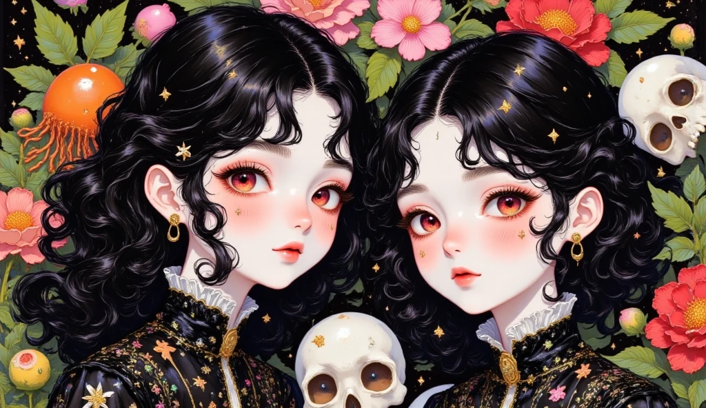 ２girl, ear piercing５,, , The background is a world full of fantasy、  shiny skin, Detail Face Ice Skin＆hair, Photoreal, cinematic lighting, Glowing Particles in the Air, , デリケートhairテクスチャ, .freckles、red tan blush、Photoreal, Adds Depth to Your Eyes, Sharp and Brilliant Colors, cinematic film grain, Atmospheric fog, 複雑なhairハイライト, high contrast, 非常にhigh resolution, masterpiece, VERY BEAUTIFUL,  Cinematic Film Grain.masterpiece, 最High Quality, High Quality, Newest, very aesthetic, two girls, 、dark haired,Slightly Red Eyes, black eyelashes, pin clips,freckles, written depth,, soft writing with school background, soft shadows, high resolution、mysterious,The world of anime、、enigmatic atmosphere、ショートマッシュhairー、ロングhairー、、The personification of a fairy、The world of jellyfish and skulls