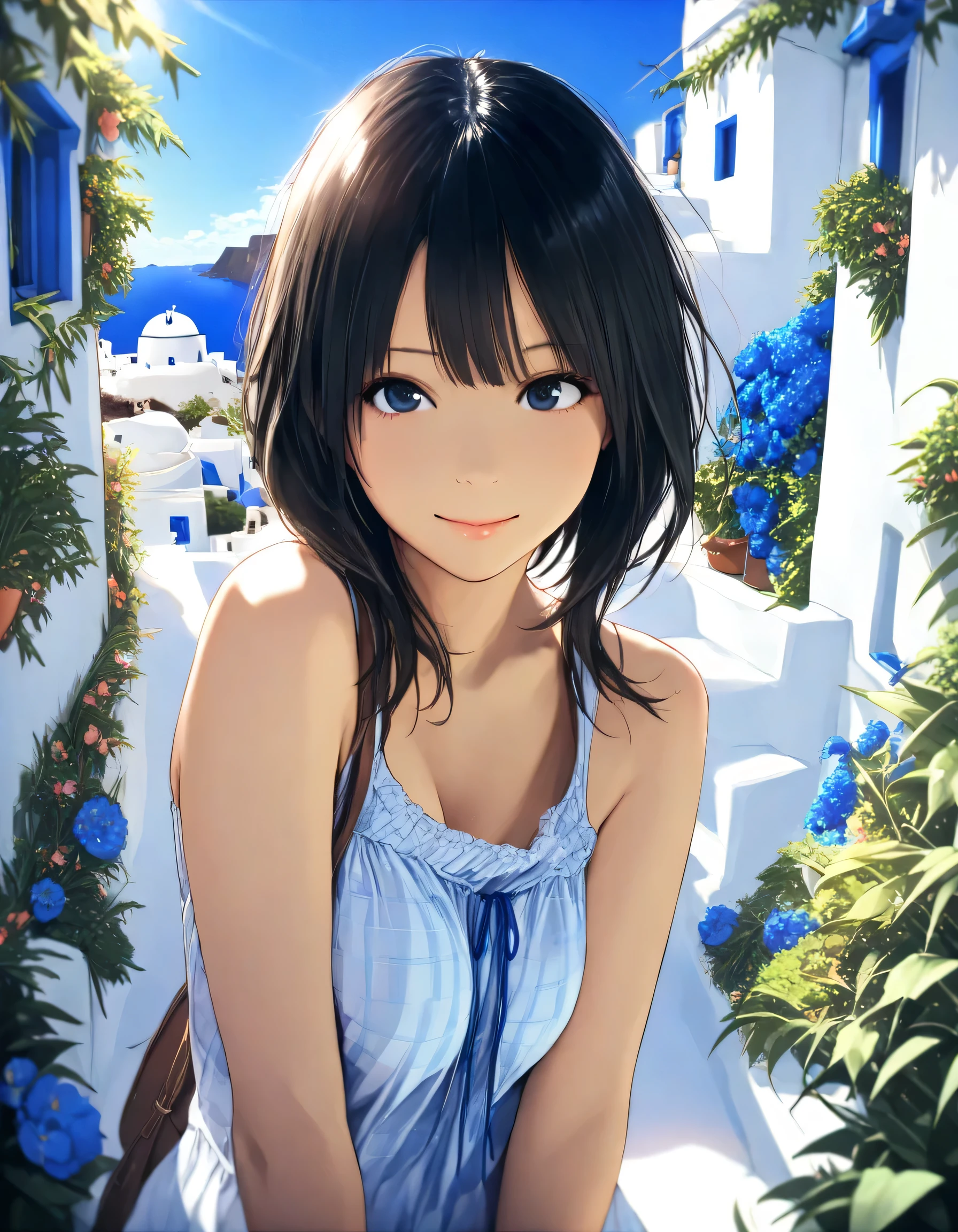 1girl, year 2016, upper body, early summer, Santorini, blue sky, casual clothes, masterpiece, high score, great score, absurdres, 16k, Ultra detailed, (photorealistic : 0.5)