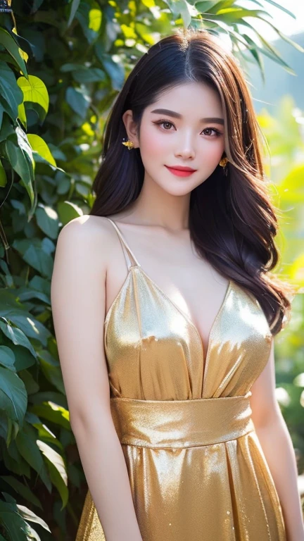 (Masterpiece, Top Quality: 1.4), (High Resolution: 1.4), (Complex and Beautiful: 1.2), (Beautiful and Aesthetic: 1.2), (Super Detailed: 1.2), (Photographic: 1.2), Raw, 1girl, , Cute Princess, , kawaii, (Big Tits: 1.2), Realistic Body, , Fair, Glowing Skin, Lively Expression, slender body, dark hair, random hairstyle (bangs:1.2), smiling, cute, childish face, realistic face, beautifully detailed eyes, droopy eyes, taking full body shot, beautiful design dress, posing model in front of palace, beautiful hair ornament, beautiful accessories, beautiful princess, walking elegantly in garden, facing looking at me, looking at the camera, sunset, beautiful night sky