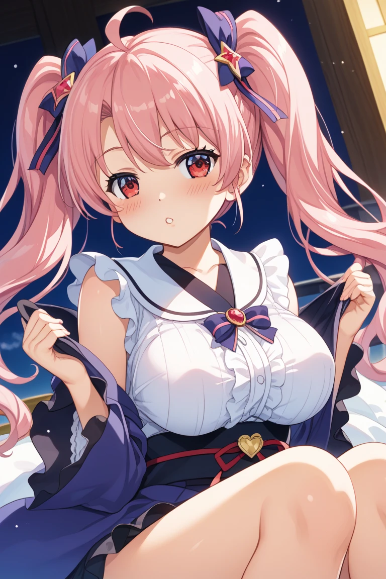 Masterpiece、Highest quality、Super detailed、1 girl、Pink Hair、(Big Tits)、Fluffy and soft long hair、Red-pink eyes、Sailor suit、rain、umbrella、In town、Cleavage、(The underboob is visible)、Belly button、Ruffles and ribbons、smile、Too big breasts