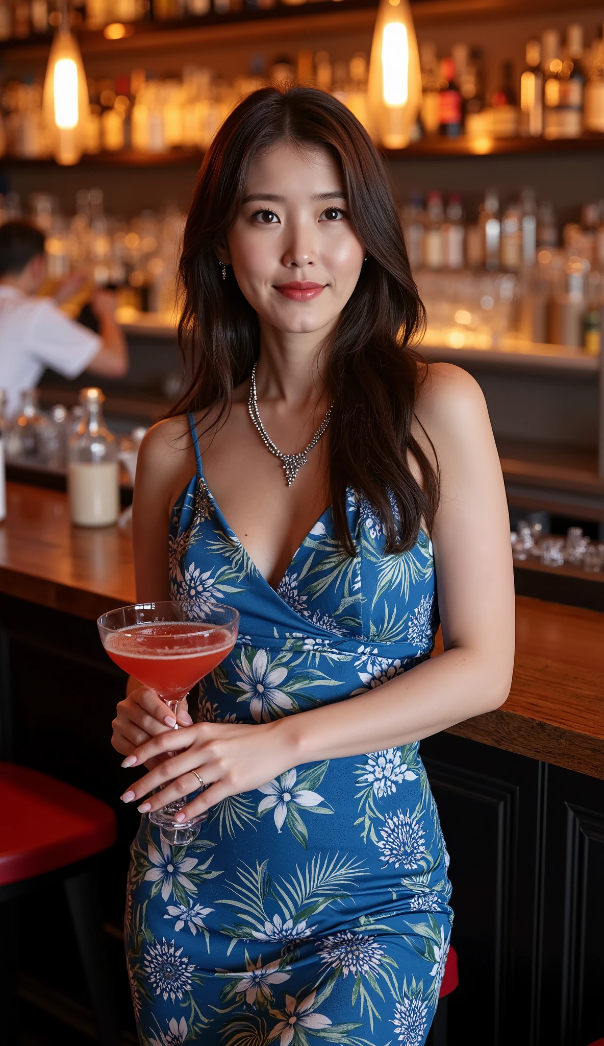 (High Definition), One women, Japan Person, Cute, Black hair long, Wearing Summer Dress White, exposing front zipper bra-top blue stripe, Walking on Board walk at Beach Side, looking side glance, show woman shape, a glass of drink on a table, Natural lighting