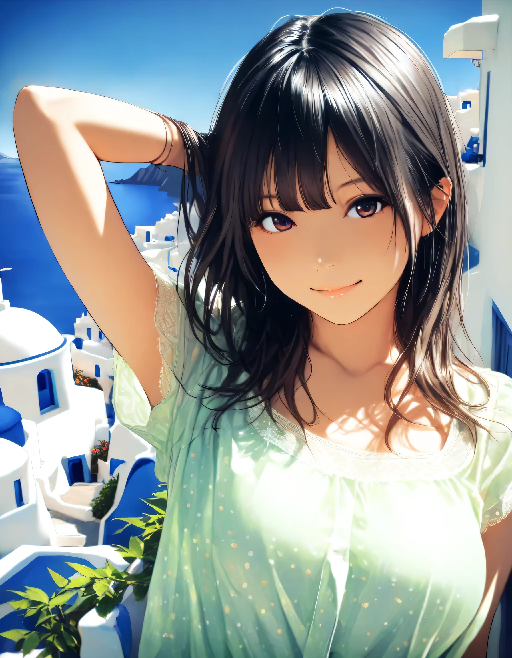1girl, year 2016, upper body, early summer, Santorini, blue sky, casual clothes, masterpiece, high score, great score, absurdres, 16k, Ultra detailed, (photorealistic : 0.5)