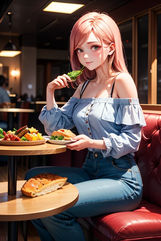 Rangiku, wear ruffle shirt, off-shoulder, denim pants, long pants, sitting, food table, on the restaurant, pov having crush, ultra-quality, high-detail, best quality, detailed-image, (8k resolution).