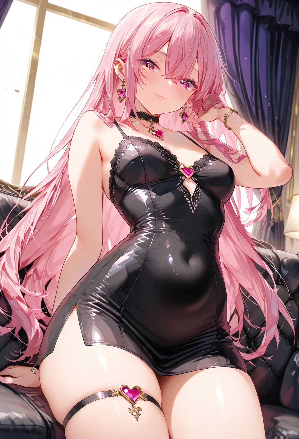 high quality, masterpiece, ultra-detailed, black lingerie, black panties, extremely coloured, 1girl, beautiful, shiny skin, huge translucent eyes, long pink hair, morning, sitting on bed