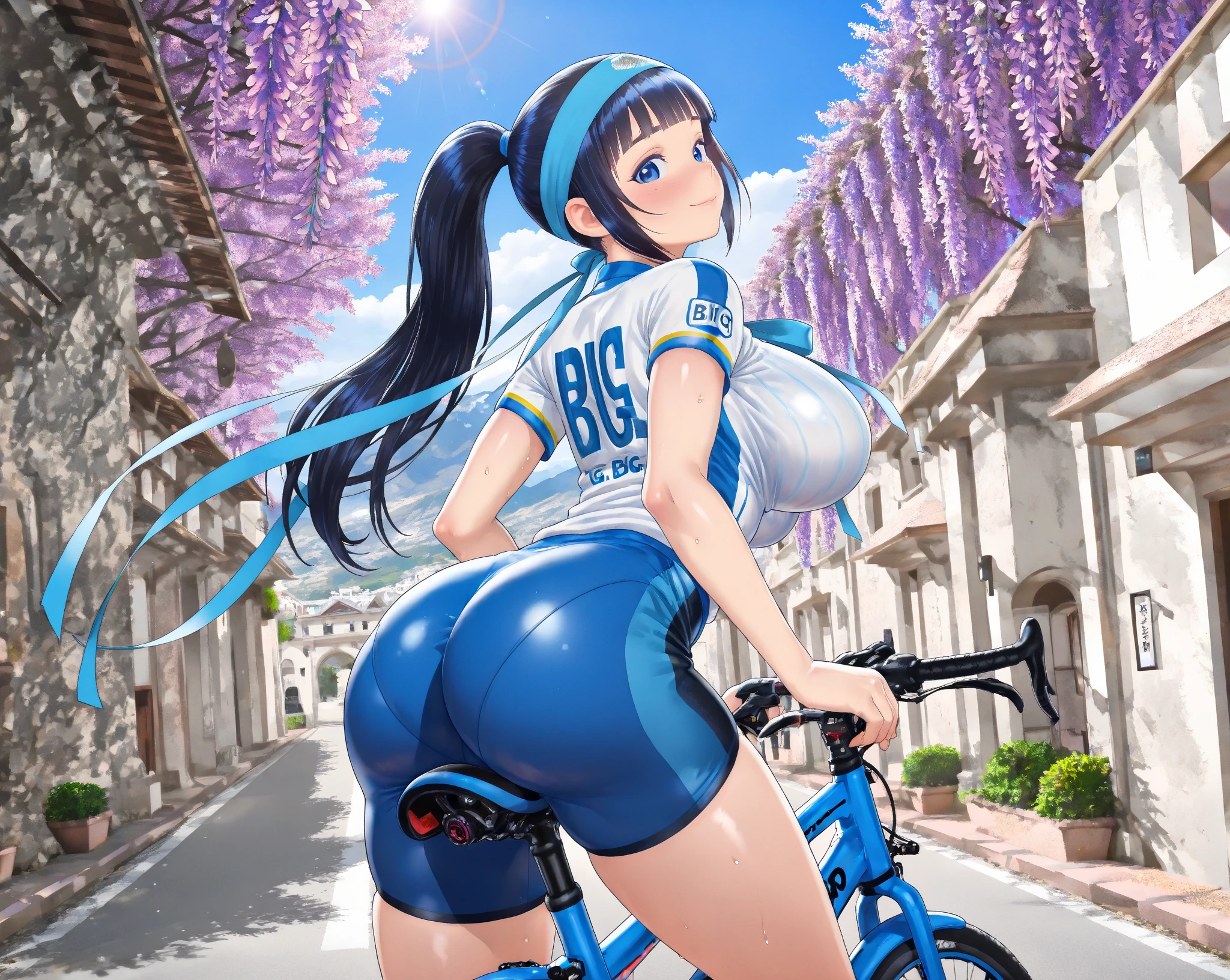 todoshizuko, purple hair, ponytail, hair ribbon, long hair, blue eyes, makeup, 15years old , large breasts, solo, nsfw, nipple,  ride a bicycle