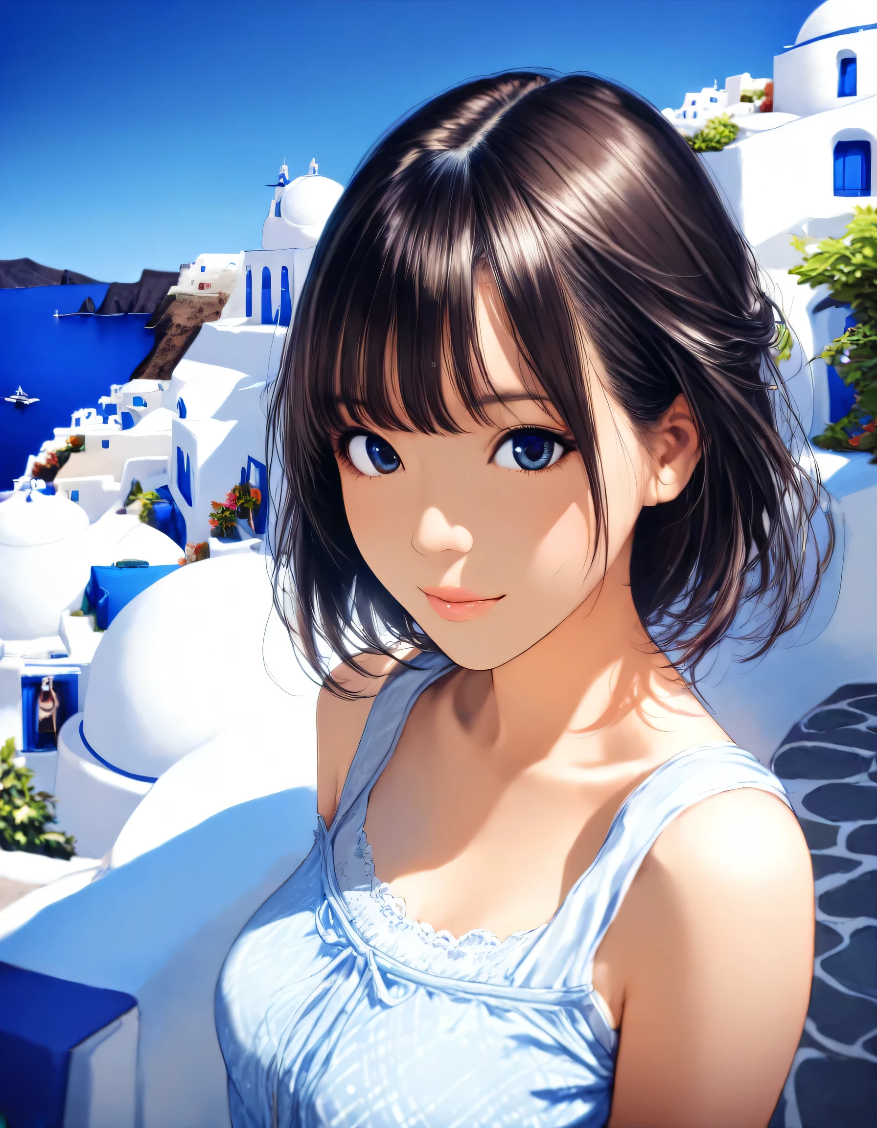 1girl, year 2016, upper body, early summer, Santorini, blue sky, casual clothes, masterpiece, high score, great score, absurdres, 16k, Ultra detailed, (photorealistic : 0.5)