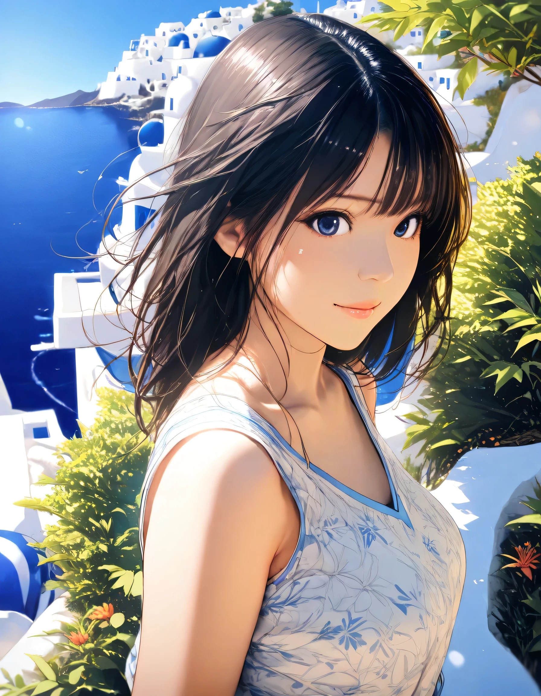 1girl, year 2016, upper body, early summer, Santorini, blue sky, casual clothes, masterpiece, high score, great score, absurdres, 16k, Ultra detailed, (photorealistic : 0.5)