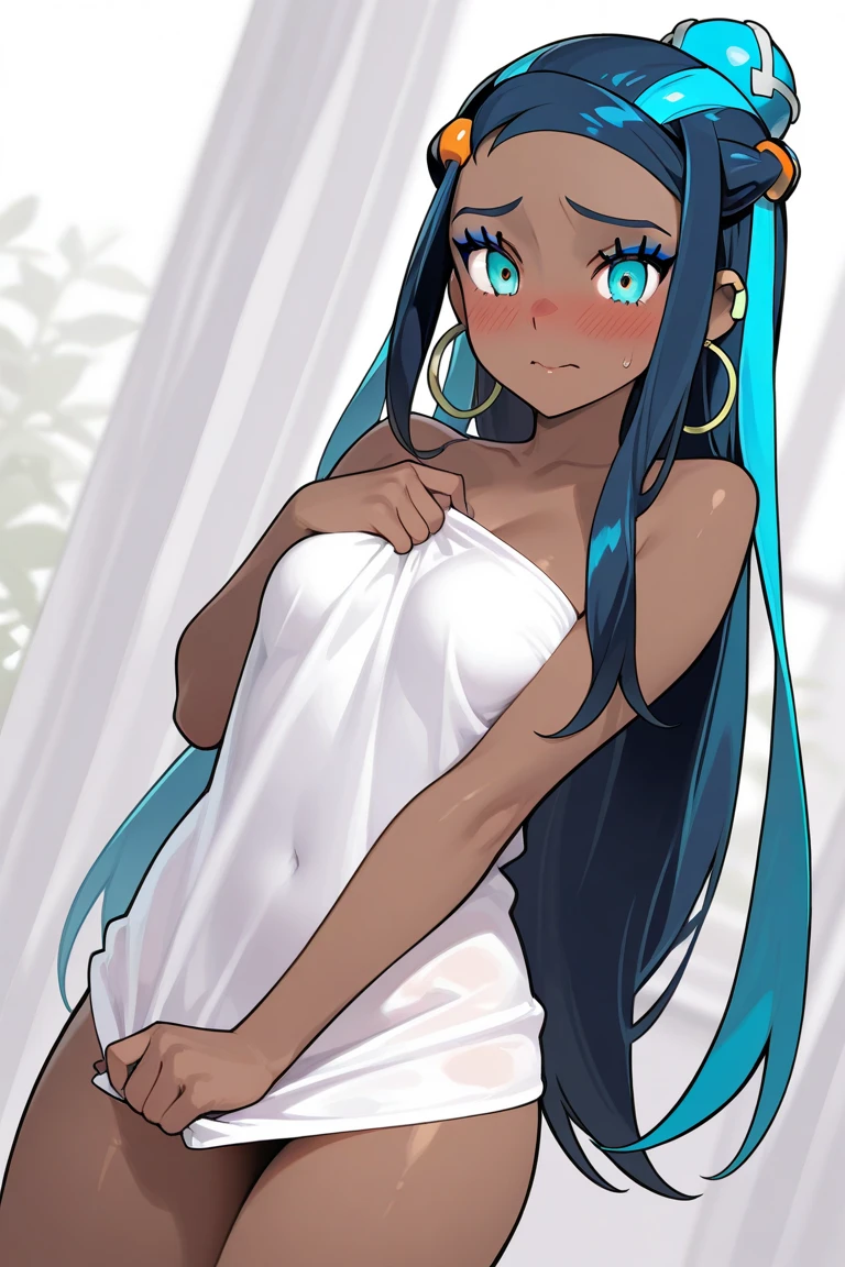 pokemonnessa, aqua eyes, eyeshadow, dark skin, (dark-skinned female:1.5), hair bun, hair ornament, makeup, long hair, sidelocks, single hair bun, thick eyebrows, black hair, aqua hair, streaked hair,

((Lying、on back))、Shot from above、(((Bust Focus)))、Upper Body、((Excited))、blush、looking away、Sweat、(Disheveled Hair)、((Completely naked))