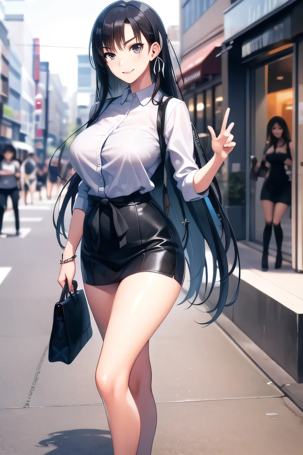 Woman with black hair., long brown eyes, tender look and a pretty but sexy face, posing sexy. , She is dressed in a short-sleeved white button-down shirt with a white collar., shiny black leggings, choker: 1.6, thin girl, brown eyes young girl with great taste, Walking around the city, at daytime