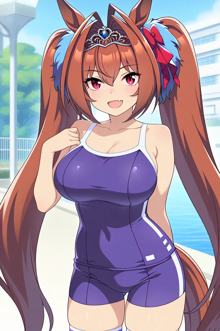 (Anime artwork, Anime Style, Studio Anime, Very detailed, Latest, Vibrant, Anime Coloring Book, High Contrast, masterpiece:1.2, Highest quality, Best aesthetics), (beautifully detailed eyes:1.2), Straight long hair, Large medium breasts, Hair Ribbon, (Pool, school swimsuit), Asymmetrical bangs, Perfect Proportions, Skin with attention to detail, cute, Detailed face, (Cowboy shot, Dynamic angle:1.2), (Accurate fingertips, Browse 4, Thumb 1),