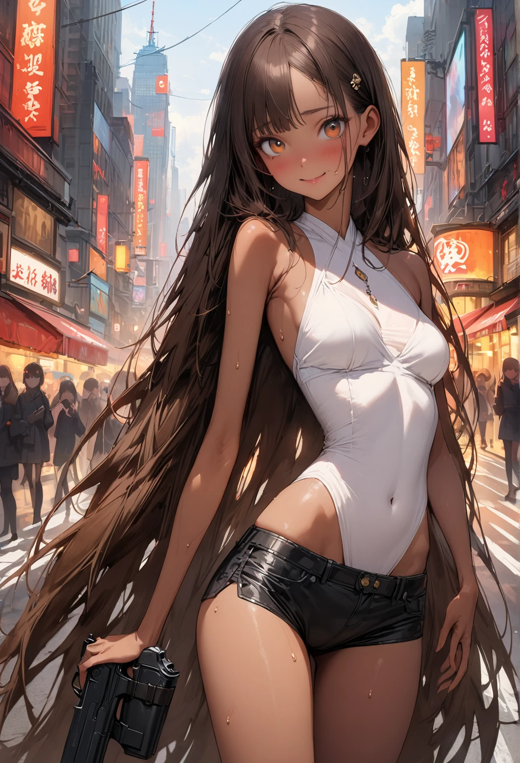 ((masterpiece,Highest quality:1.3,best quality illustration)),realistic,cowboy shot,solo,1woman,(25 year old beauty),dark brown hair,long hair,bangs,brown eyes,(gorgeous big eyes),((very small head:1.3)),shy,smile,((very long body:1.2,skinny)),(tan skin),medium breasts,White Bikini、Black leather micro shorts、Leg holster、Pistol,sweat,gleaming skin,slender body,standing,on street,neon、New York City、