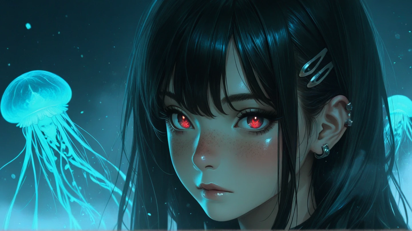 2girl, ear piercing5,, , The background is a world full of fantasy、 shiny skin, Detail Face Ice Skin&hair, Photoreal, cinematic lighting, Glowing Particles in the Air, , デリケートhairテクスチャ, .freckles、red tan blush、Photoreal, Adds Depth to Your Eyes, Sharp and Brilliant Colors, cinematic film grain, Atmospheric fog, 複雑なhairハイライト, high contrast, 非常にhigh resolution, masterpiece, VERY BEAUTIFUL, Cinematic Film Grain.masterpiece, 最High Quality, High Quality, Newest, very aesthetic, two girls, 、dark haired,Slightly Red Eyes, black eyelashes, pin clips,freckles, written depth,, soft writing with school background, soft shadows, high resolution、mysterious,The world of anime、、enigmatic atmosphere、ショートマッシュhairー、ロングhairー、、The personification of a fairy、The world of jellyfish and skulls