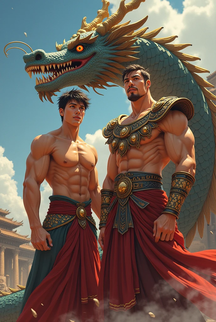(((2heads)));((best quality)), ((masterpiece)), (detailed), Conan the Barbarian stands imposing in an ancient lost city. Blonde, brunette, speedo, Chiseled perfect body, insanely handsome and masculine face. Sunlight highlights his muscles and scars. The scenery is lush and mysterious, with ruins and vegetation. The camera details everything. Full body
