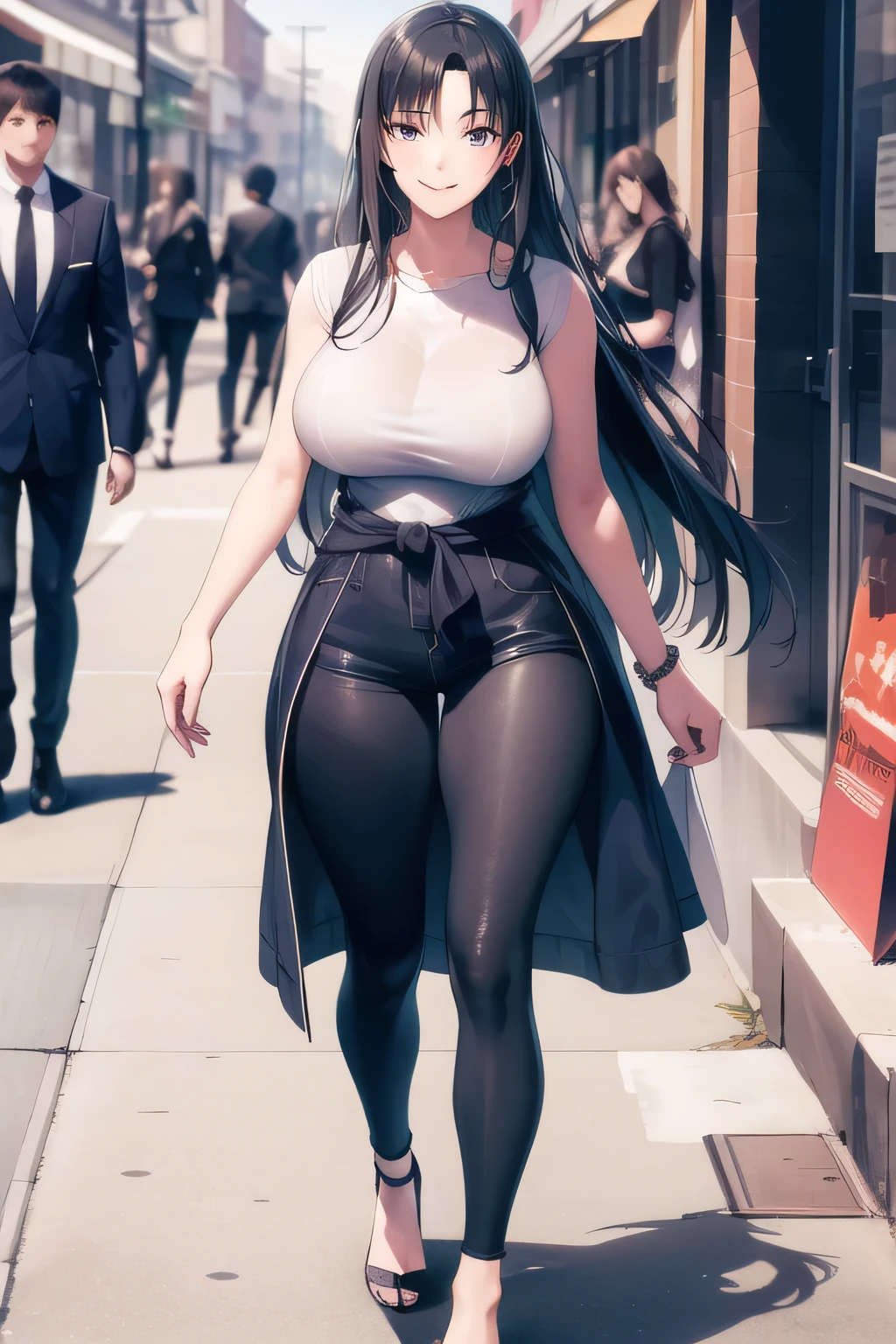 Can you draw a 20 year old woman with a nice smile,A face is absolutely necessary, city tour ,I'm walking through the streets of Harajuku,(((wear casual clothes that are fashion sensitive))), long haired woman, , Big breasts, Thin Waist , , ,Faces are very important,Exact hand and foot representation,
