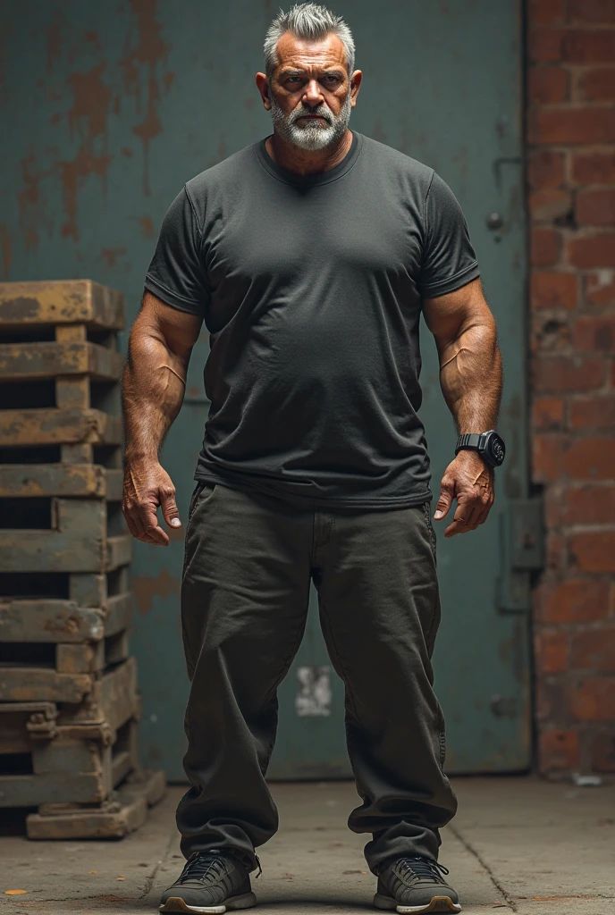 (50 yo), Chris Redfield from Resident evil village, tshirtless, wearing sport shorts, bulge, (beefy:1.3), beard, looking at viewer, beautiful man, detailed eyes, symmetric face, smirk, robust, greying hair, black socks, no shoes, very huge uncut erected penis, full body image