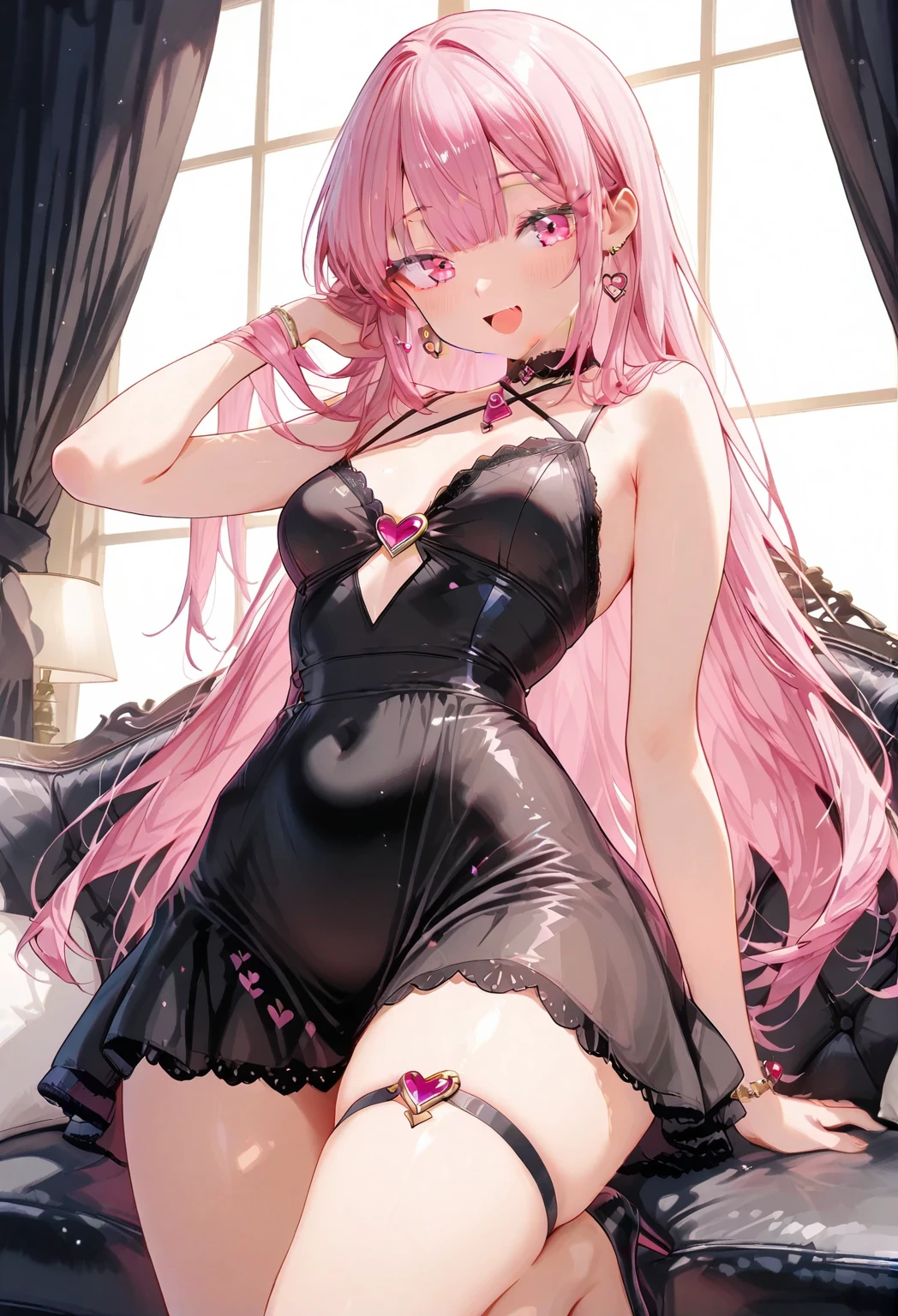 High quality, masterpiece, ultra-detailed, highly detailed outfit, choker, without bra, very tight evening dress, 1girl, solo, peaceful expression, long pink hair, fox ears, enchanting green eyes, ridiculously large breasts, sitting on bed, bedroom, many heart-shaped balloons, large amount of balloons