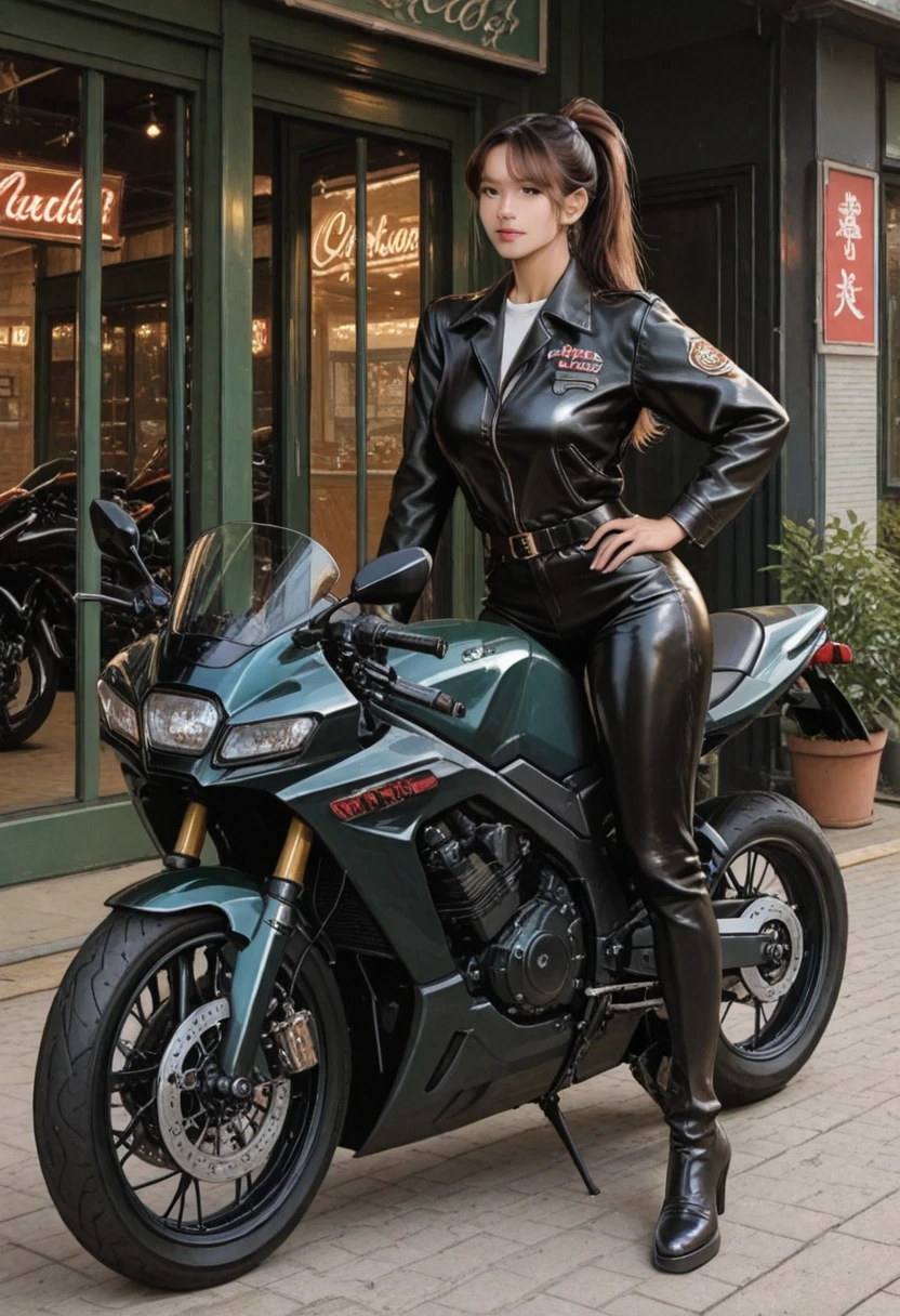 ((best quality)), ((masterpiece)), ((perfect face)), ((detailed motorcycle))、Realistic and clear photos、((A beautiful woman riding a motorcycle))、slender body、long legs、full body shot、smile、(((Green long sleeve riding jacket and leather pants)))