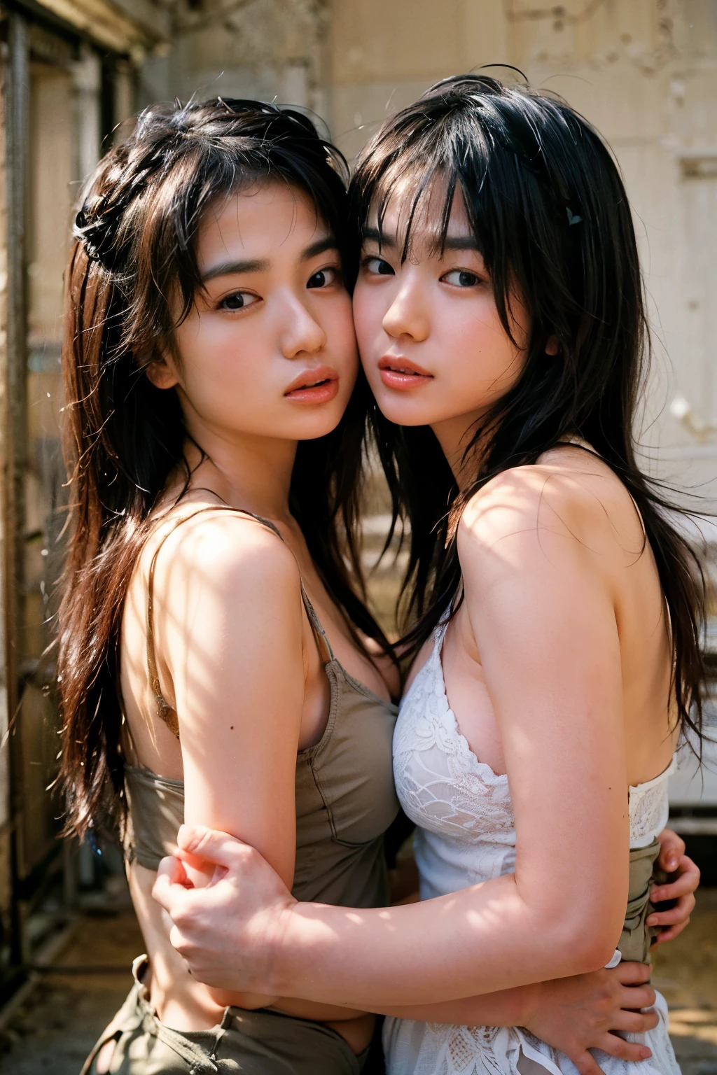 Highest quality, masterpiece, 8k, Ultra-high resolution,Perfect Anatomy、Correct skeleton、Balanced figure、 (Realistic: 1.4), 1 person, Beautiful Face,Detailed facial expressions、 (Close Contact、Two women sleeping while hugging each other:1.5)、(Two women embracing each other while sleeping)、(Photograph from head to thigh)、Symmetrical eyes, big, Light、Small breasts、Perfect figure, (Outdoor: 1.2), (Absolute area:1.3)、Show me the back of the thigh、Lightweight lace pants、Tight ass、Toned thighs、Stick your butt out、Spread your legs、Slim lower body、Light beige lace small panties、See-through bra top、Detailed ass that bites into、Ecstasy、soaked、Condensed milk on face、