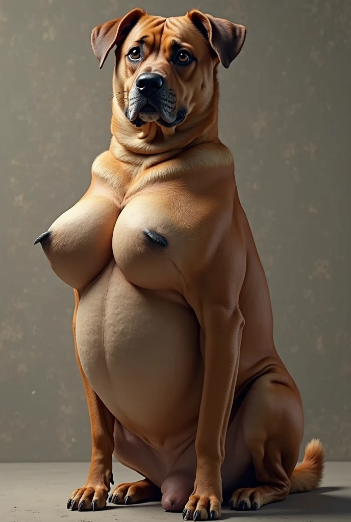 Solo, Furry, Anthro, Bulldog, Female, E621, Naked, Standing, Medium curves, Front view, Hands behind back, Medium ass, Medium breasts, Plain background, By Fingerprint