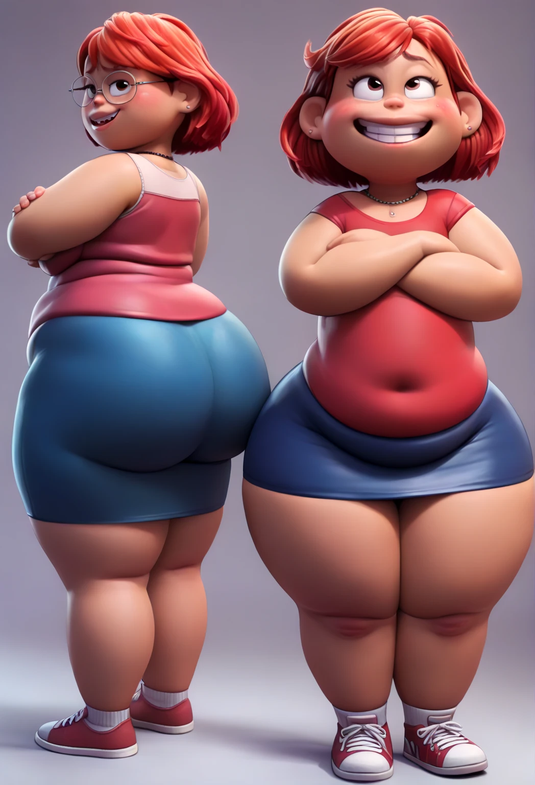 Your beautiful gorgeous sexy curvy tomboy girlfriend wearing a crop top and yoga pants,solo, blushing, grinning, accidentally cute pose, she knows you’re trying to make her fatter, she loves you, big fat heavy squishy belly, wide hips, massive round heavy breasts, massive wide round heart shaped shelf bubble butt, long disheveled red hair, beautiful blue eyes, skin tight revealing clothes, massive heavy overflowing overstuffed distended bloated fat belly, KipTeiTei art style,
