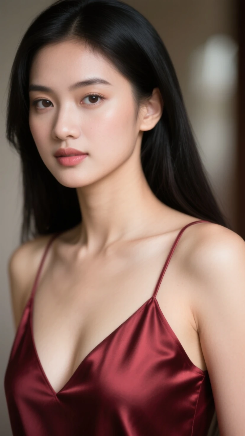 (Masterpiece, High Definition, High Quality, 8k), (Perfect Anatomy, Beautiful Limbs, Beautiful Skin),(Super model),(art model:1.3),whole body,plump body,gleaming skin,cute face,double eyelid,medium hair,darkred hair,black eyes,mountain,daytime,forest,mysterious,high quality,photorealistic,japanese,beautiful woman,gravure,fashionable