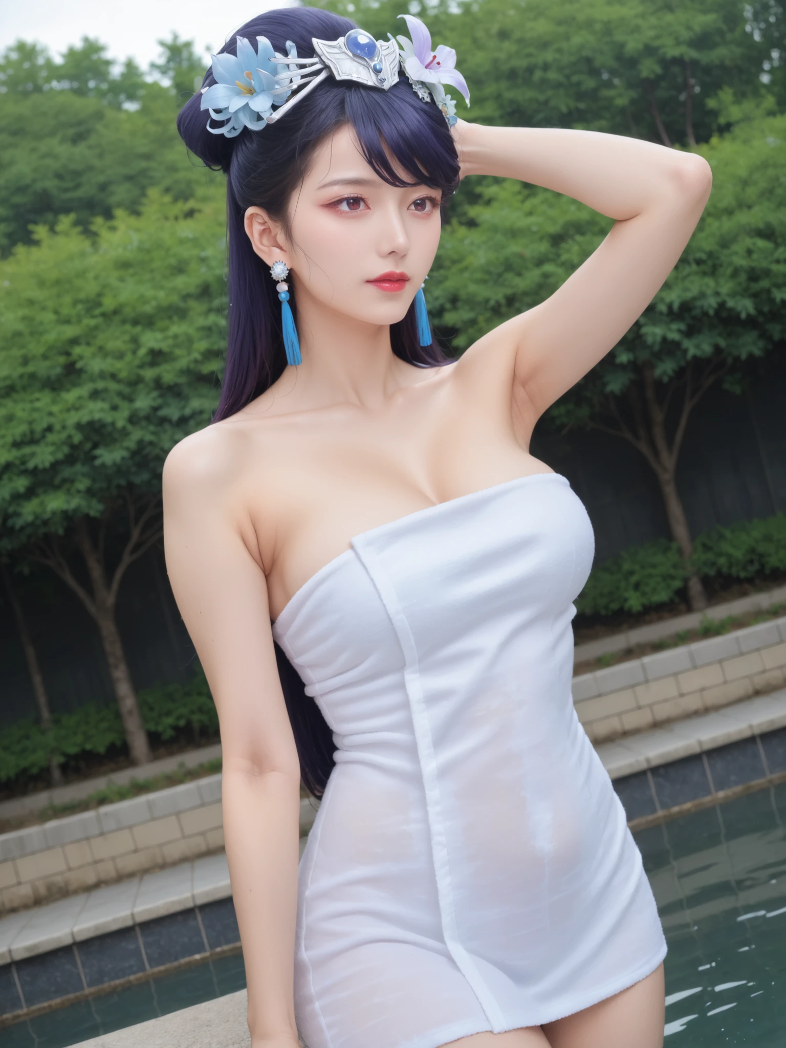 1womanl, 独奏,Mature female,Red bow,Long purple-blue hair,(((having fun,Smile confidently))), Snow-whiteskin, nigth,deep in the night, view the viewer, vests,shorter pants,Long hair, clothing cutout,shoulder cutout,Shiny,Angry,Blush,Wooden house in the background,make up,Ulzzang-6500,PureErosFace_V1, (Expressionist:1.1) Dream, rendering by octane,4K, (neonlight:1.1), Epic, relaxing,8K, (Highly detailed:1.1), Half,Erlang legs,Random actions,Naughty movements,Seduction pose,Show your body posture,Shoot from behind,Sit Pose(From below:1.6),(Masterpiece:1.5, Best quality:1.5), Realistic, (Ultra photo realsisim:1.5), (photograph realistic:1.5), (Real picture, Intricate details), view the viewer, (8K wallpaper:1.5), (Detailed face:1.5), (Detailed eyes:1.5), (clear photo),Highly detailed, Ultra-detailed, 超高分辨率, (strong depth of field:1.5)