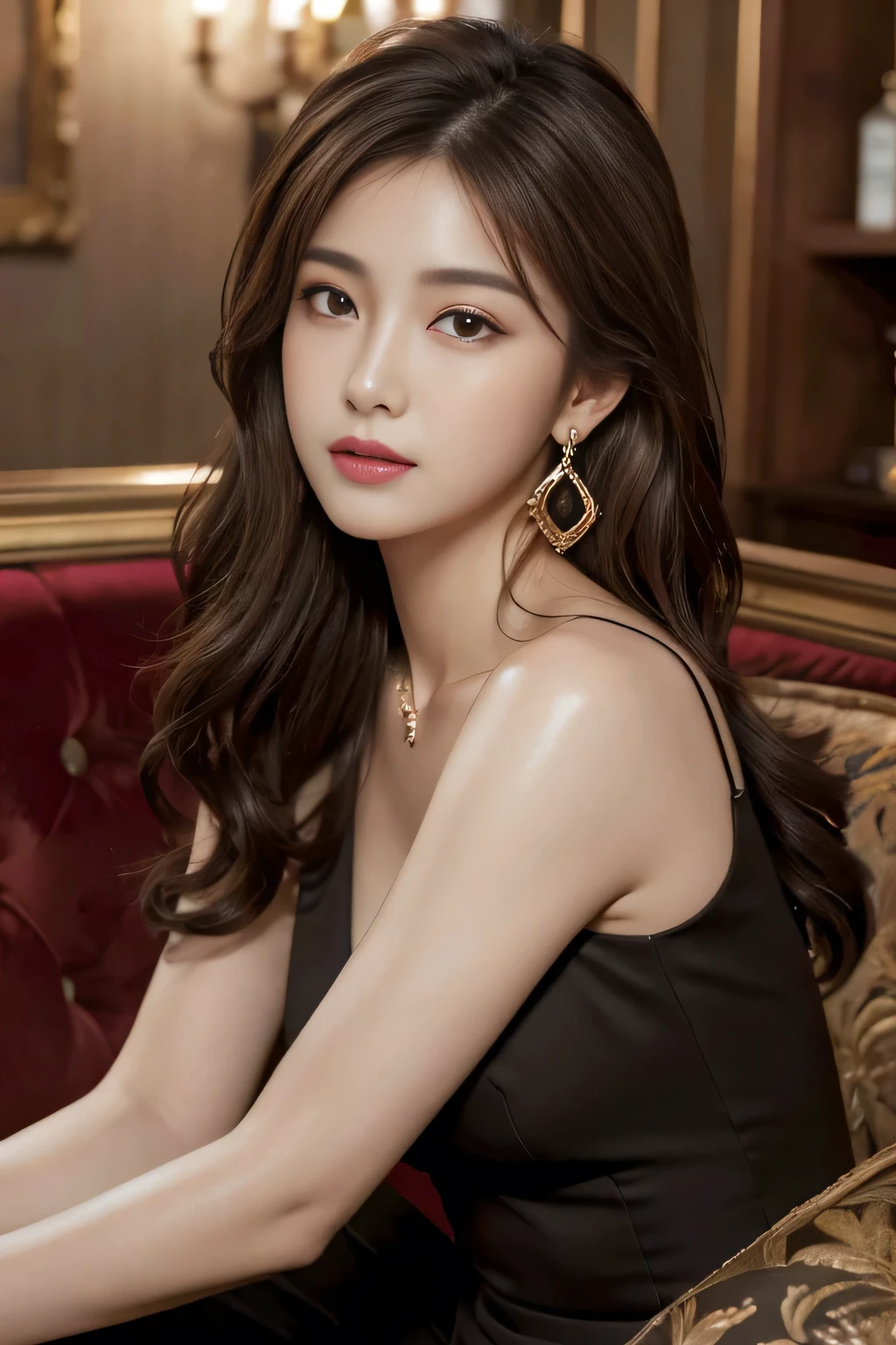 masterpiece, highest quality, Realistic, Very detailed, Finer details, High resolution, 8k wallpaper, One beautiful woman, Wear a black see-through blouse, In a great restaurant, At night, Light brown messy hair, Perfect dynamic composition, Beautiful and beautiful eyes、Big earrings、Sitting in a chair、