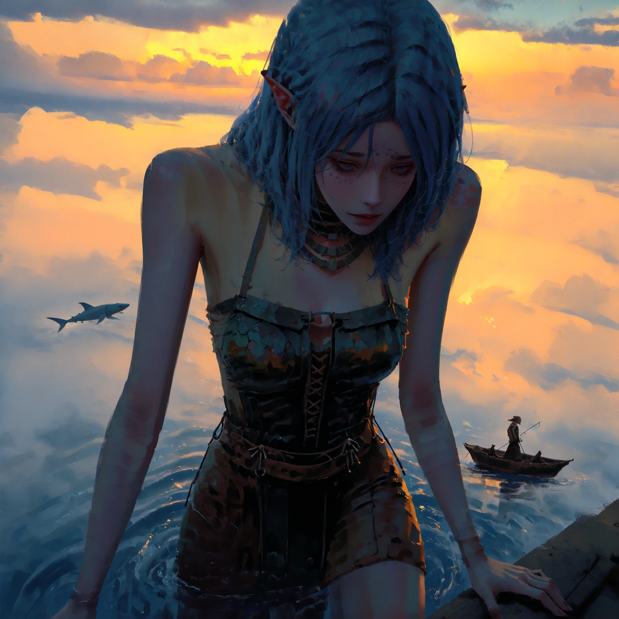artist: wlop, masterpiece, best quality, illustration, a beautiful elf woman, pale blue skin, midnight blue hair, medium length hair, aquamarine eyes, detailed face, wearing a animal leather clothing, tribal clothing, water tribe, brown animal leather skirt, shark skin top, fantasy, perfect anatomy, detailed, lighting, colorful, slim body, fit body, ideal ratio body proportions, tall, Realistic Shadows, detailed face, detailed eyes, epic, highly detailed, illustration style background, cinematic background, cinematic lighting, detailed eyes, Official Art, face focus, eye focus, high resolution, cinematic, perspective, warm and calm theme, blue tones, water scenery background, standing pose, 8k, cloudy sky, blue landscape, (official art), (scenography), (the Extremely Detailed CG Unity 8K Wallpapers), on a small boat surrounded by water with the sun shining, perfect anatomy,