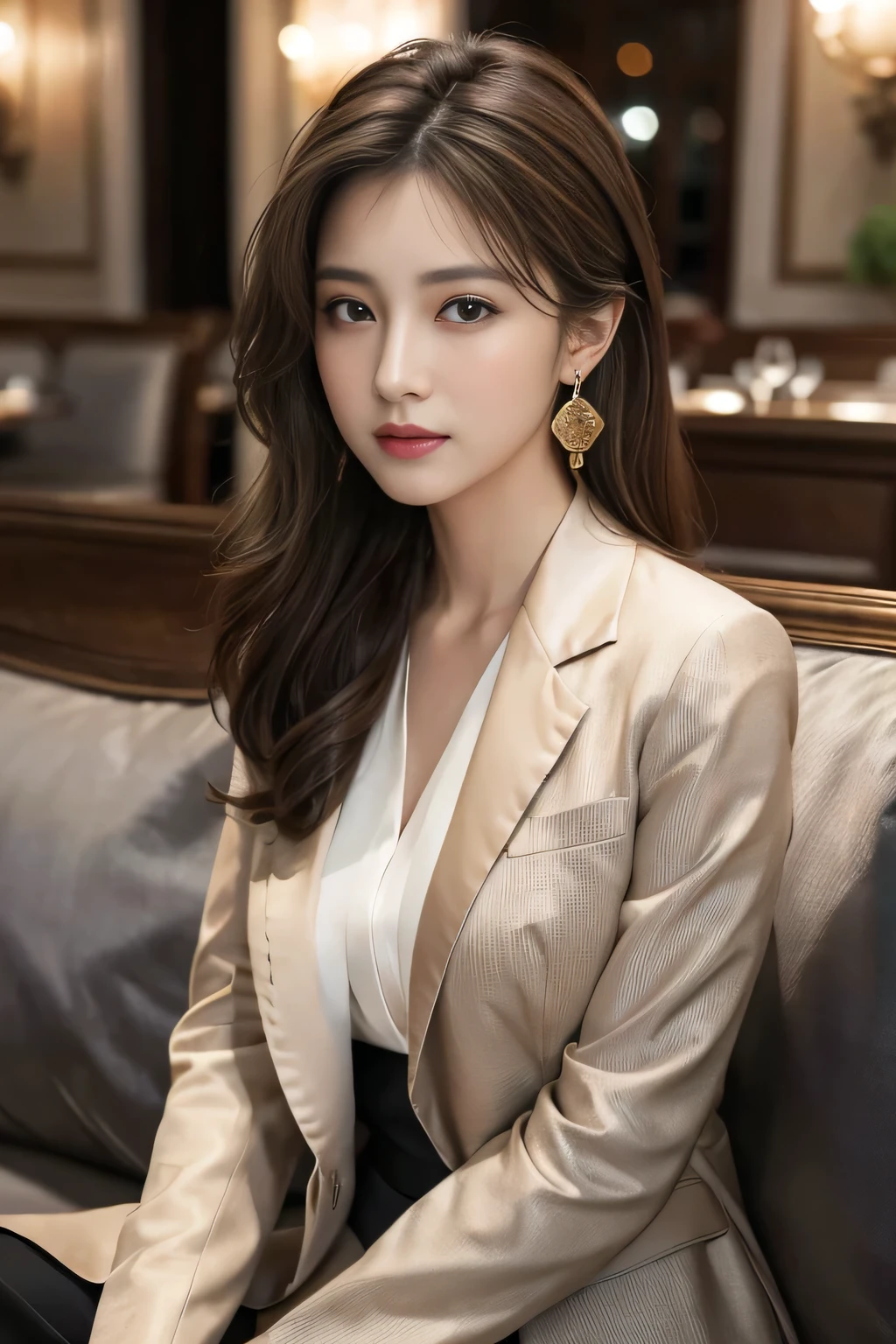 masterpiece, Highest quality, Realistic, Very detailed, Finer details, High resolution, 8k wallpaper, One beautiful woman,Wear a nice suit, In a great restaurant, At night, Light brown messy hair, Perfect dynamic composition, Beautiful and beautiful eyes、Big earrings、Sit on a chair