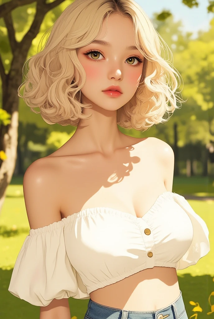 Female((20year old)), hair((blonde, long)), eyelue, big eyes)), sunset, Han river, Seoul tower, smiling, lipgloss, diamond necklace, earrings, gigantic breast, big boobs, oppai, ((velvet, 🔵, crop-top, Hotpants))