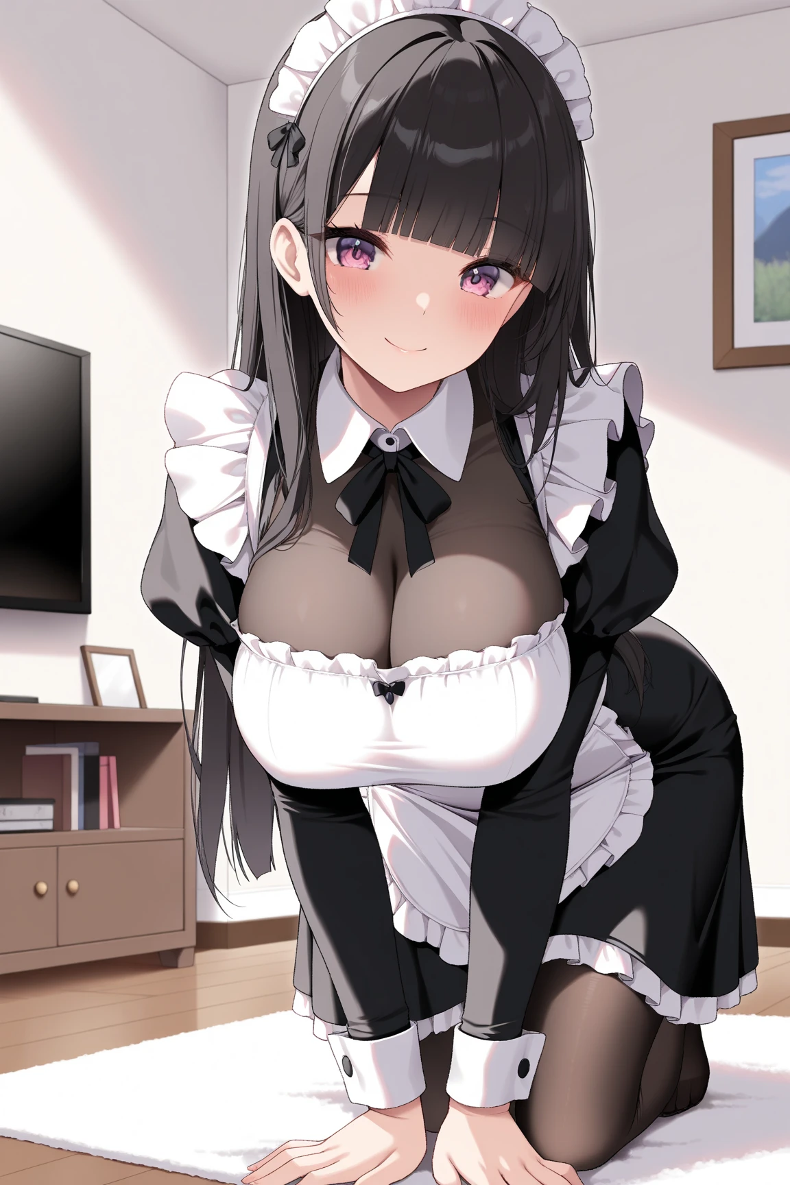 highest quality,wonderful,finely,extremely detailed CG Unity 8K wallpaper, (1 girl,black hair, blue eyes,side ponytail), (huge breasts:1.1), (nun:1.3), (open mouth:1.2), (long tongue:1.2), (mouth drool:1.2), (black stockings:1.1),(Thighs),(constriction)